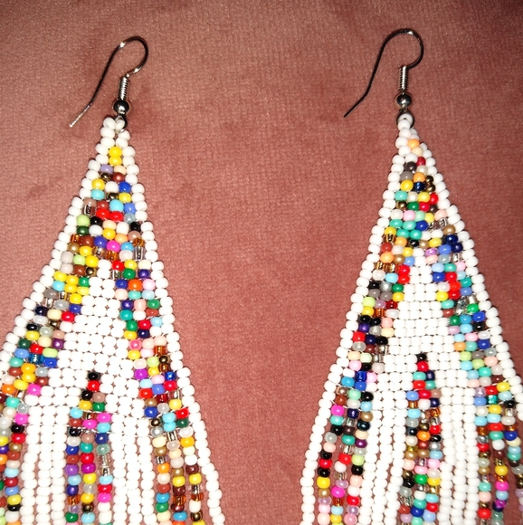 Long 5" Multicolor White Stripe Handmade Beaded Oversized Statement Earrings New - Picture 3 of 6